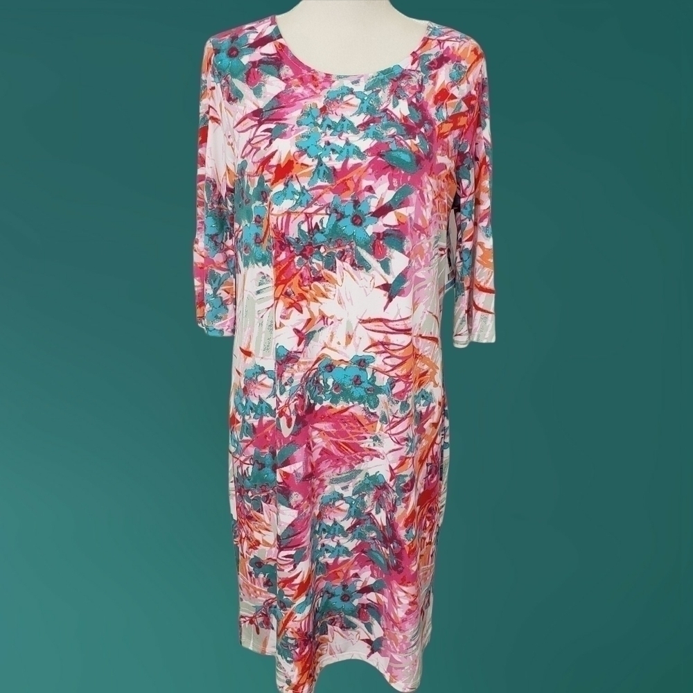 Alexandra + Oak L Floral Sheath 3/4 Bell Sleeve Pink & Teal 4% Spandex NWT